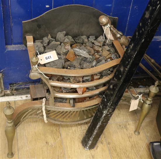 A brass and iron grate, three fire irons and a chestnut roaster (5), W.60cm